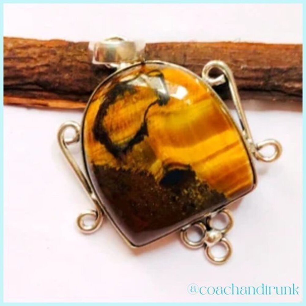 925 Sterling Natural Tigers Eye Handcrafted Scrollwork Pendant And Necklace